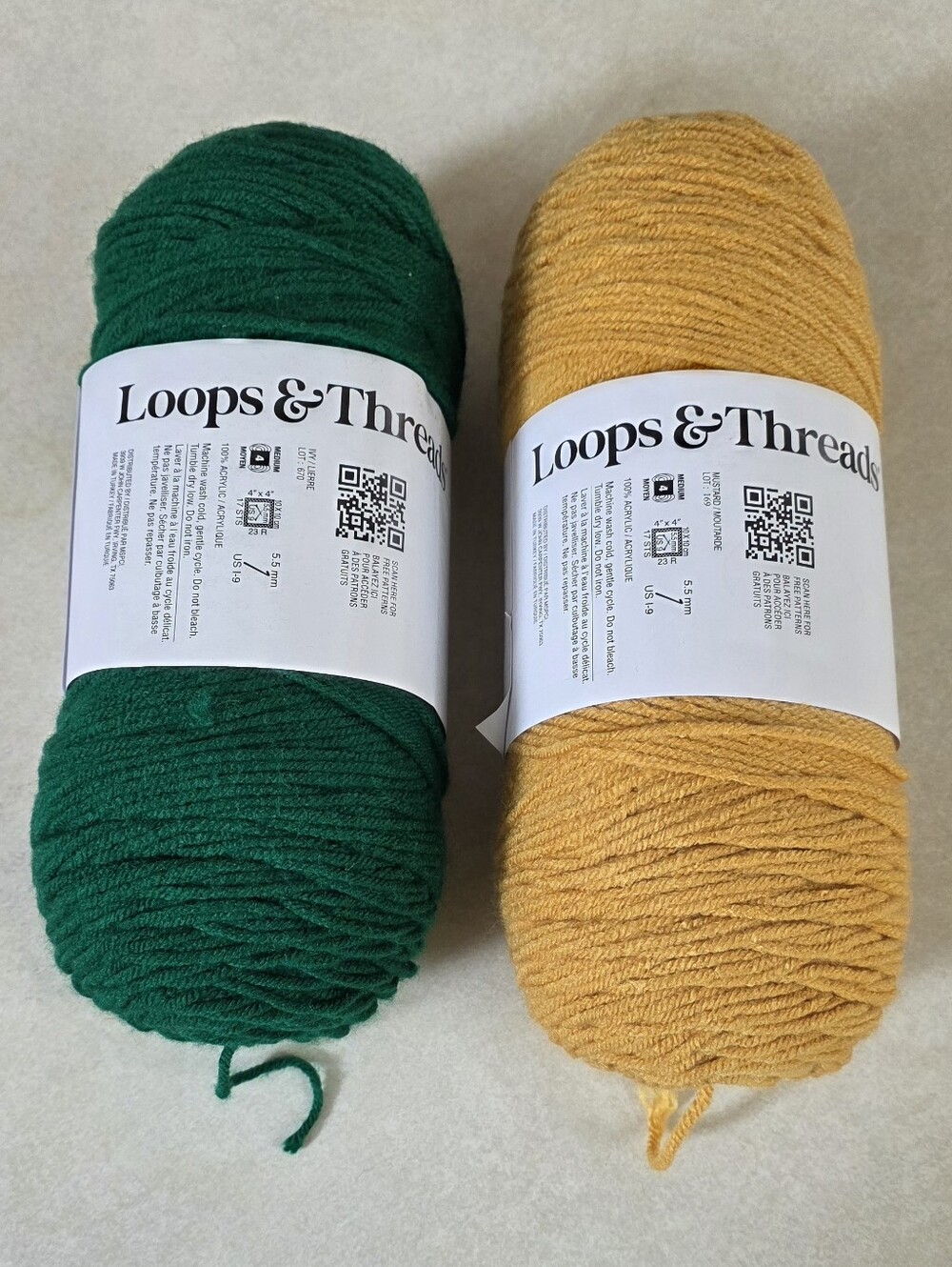 2 Skeins Loops & Threads Soft Classic Acrylic Yarn Mustard & Ivy 354 Yd 4 Weight